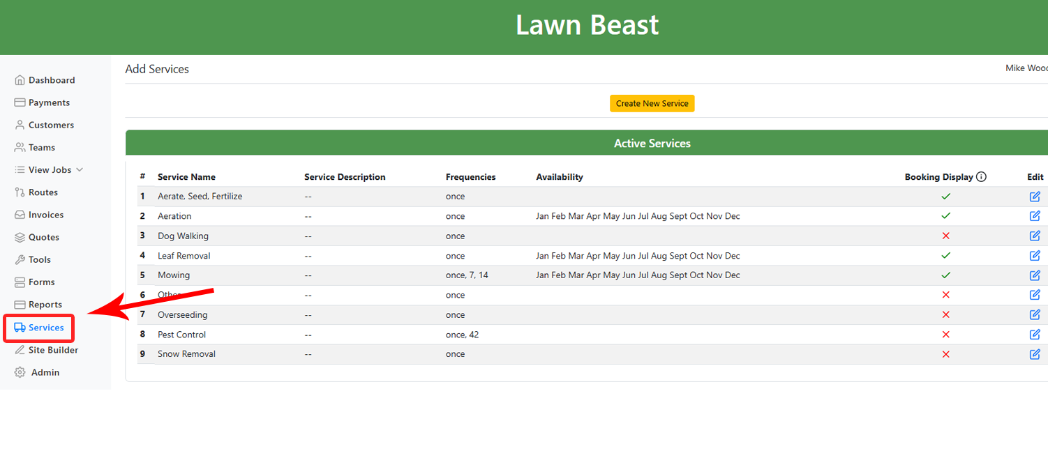 Services Management Screen